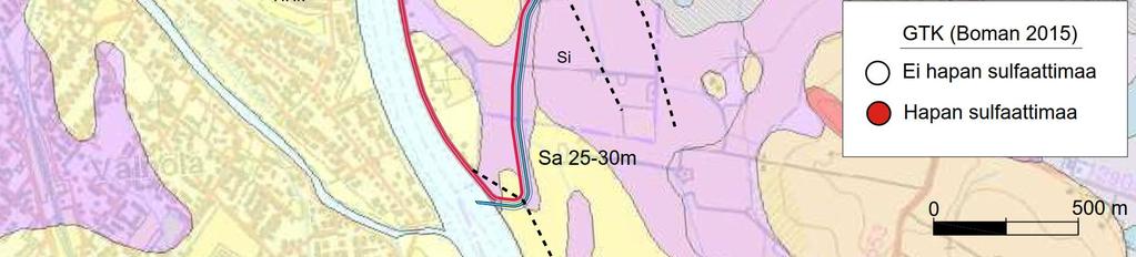 Happamilla sulfaattimailla on myös yleisesti heikot geotekniset ominaisuudet. 20 Kuva 5-5 Hankealueen maaperän yleispiirteet (pohjakartta: http://gtkdata.gtk.fi/maankamara/).
