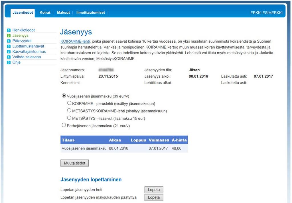 10.2.2016 7(34) Jäsenyys Jäsenyys-sivulla näet jäsentietosi ja voit muuttaa jäsen- tai lehtityyppiäsi. Halutessasi muuttaa jäsentyyppiä, vaihda täpän paikkaa ja klikkaa sen jälkeen painiketta.