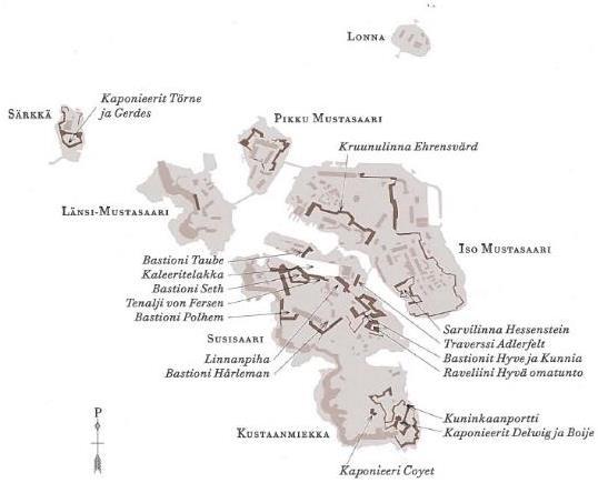 80 saarista suurimman, Iso Mustasaaren, linnoitustöitä saatettu koskaan loppuun. (Bastionilinnoitus kuudella saarella s.a.) Kuva 61.