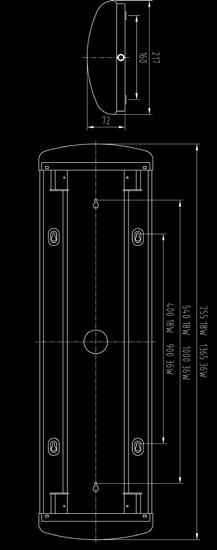18W version myös kiinnityssangan avulla kattokoukkuun. Kytkentä -o- 3x2.5 mm, pinta- tai uppojohdotus. Johtoaukko valaisimen pohjassa. Murrettavat johtoaukot päädyissä pintajohdotusta varten.