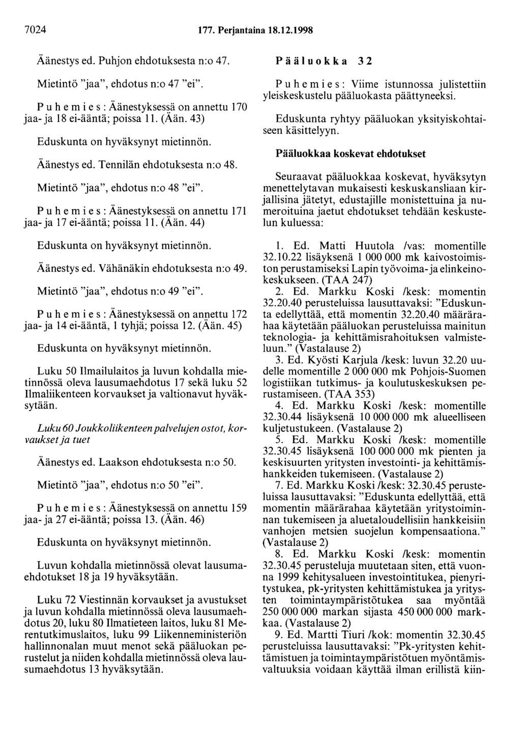 7024 177. Perjantaina 18.12.1998 Äänestys ed. Puhjon ehdotuksesta n:o 47. Mietintö "jaa", ehdotus n:o 47 "ei". P u h e m i e s : Äänestykses~ä on annettu 170 jaa- ja 18 ei-ääntä; poissa 11. (Aän.