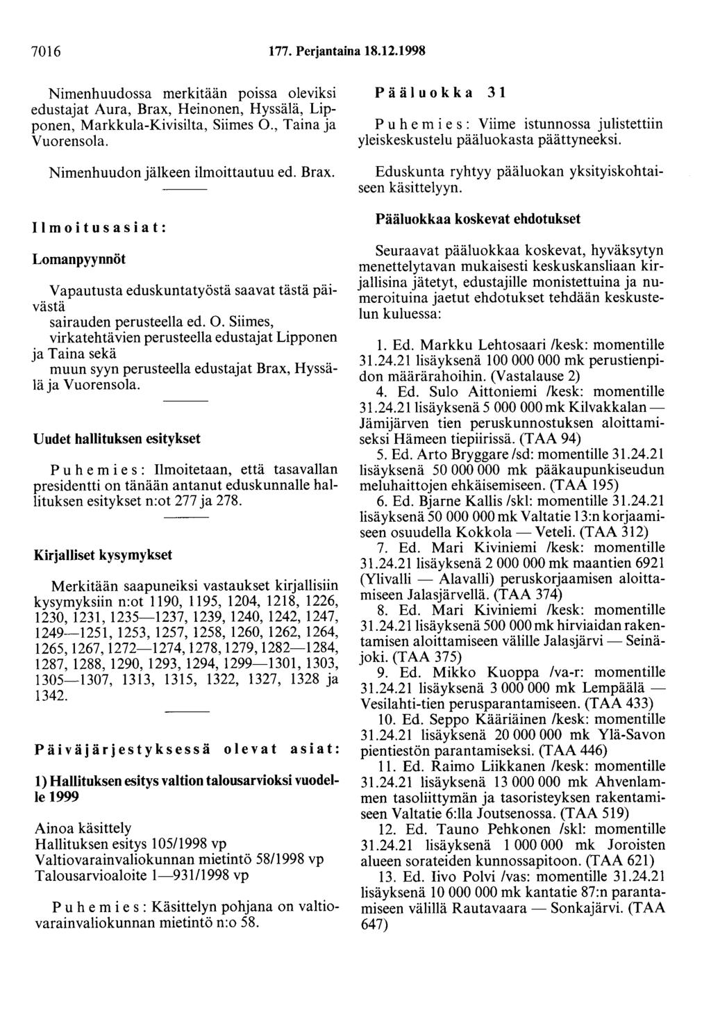 7016 177. Perjantaina 18.12.1998 Nimenhuudossa merkitään poissa oleviksi edustajat Aura, Brax, Heinonen, Hyssälä, Lipponen, Markkula-Kivisilta, Siimes 0., Taina ja Vuorensola.