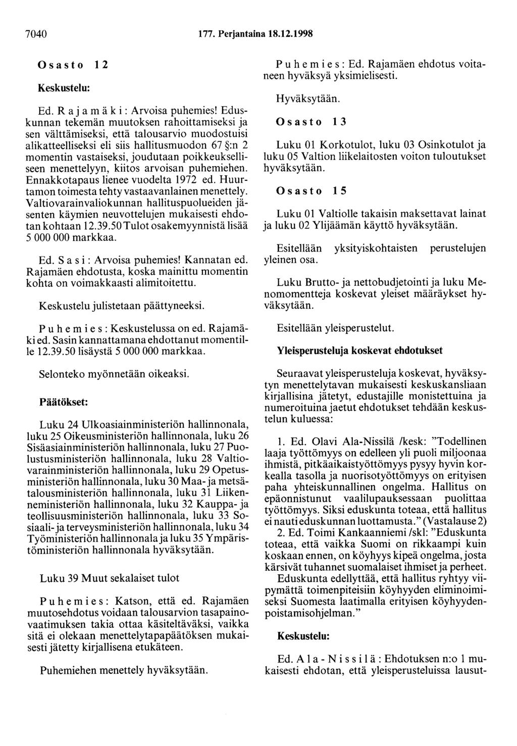 7040 177. Perjantaina 18.12.1998 Osasto 12 Keskustelu: Ed. R a j a m ä k i : Arvoisa puhemies!