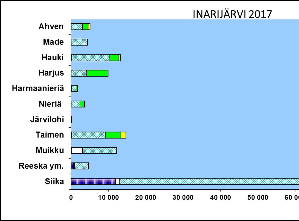 Kuva 15. Kuva 16. Inarijärven kokonaiskalansaalis lajeittain ja pyydyksittäin vuonna 2017. 6.4.