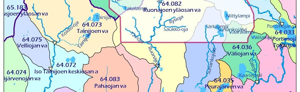 084), Portimojärven-Toljanjärven (64.033) ja Ali-Konttijoen (65.179) valuma-alueilla. Valuma-alueet sekä suurimmat joet ja järvet on esitetty kuvassa (Kuva 2-1). Kuva 2-1.