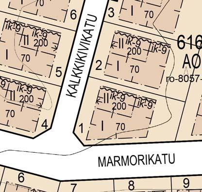 Yhtenäisyyttä alueelle tuo asuinrakennusten suuntaaminen pääty katua kohti ja loiva,