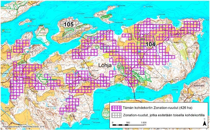 Lohja, Zonation-aluetunnus 104 LOHJA (104) Aluerajaus kattaa suuren osan luontoarvoiltaan poikkeuksellisen arvokkaan Lohjansaaren keski- ja itäkolmanneksesta.