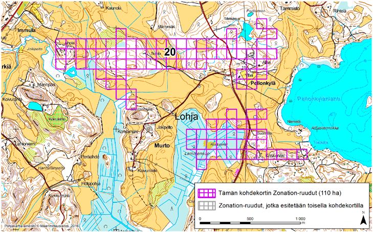 Lohja, Zonation-aluetunnus 20 LOHJA (20) Alue sijaitsee Lohjan lounaisosissa Pellonkylän alueella sekä Immulan ja Särkiän kylien itäpuolella ja Murron ja Tallaan kylien pohjoispuolella metsien,