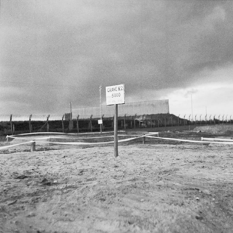 Kuolemanleirien uhrit Kuva täytetystä joukkohaudasta (Bergen-Belsenin keskitysleiri, Saksa, 1945). Haudan edessä olevassa kyltissä lukee Hauta nro 2: tähän on haudattu 5 000 ihmistä.