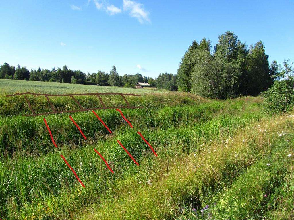 Kuva 13. Jokitieltä Punkanjoen yläjuoksun suuntaan. Punaisella värillä osoitettu isosorsimokasvuston laajuus tällä paikalla ja ruskealla hahmoteltu läjitysmahdollisuutta Hyötymaan suojakaistalle.