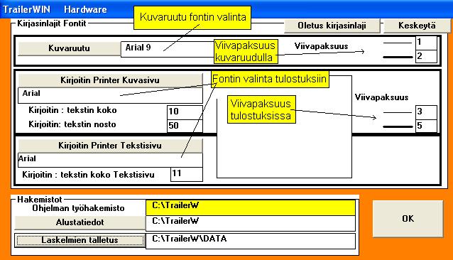 - Viivotinasteikko tulostuskuvaan. - Tulostuksiin tulee aina alaotsikoksi ohjelmalisenssin omistajayrityksen nimi. Tämän tekstin kokoa voidaan hiukan säätää. Oletusarvona 100.