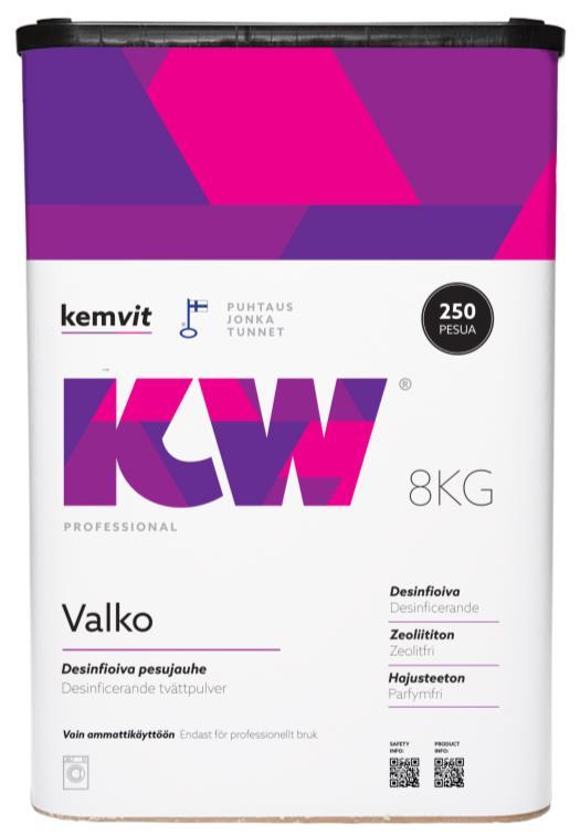 KW Valko Käyttökohteet/työmenetelmät Desinfioiva pyykinpesujauhe. KW Valko tehoaa hyvin proteiini-, hiilihydraatti-, eritetahra- ja rasvalikaan.
