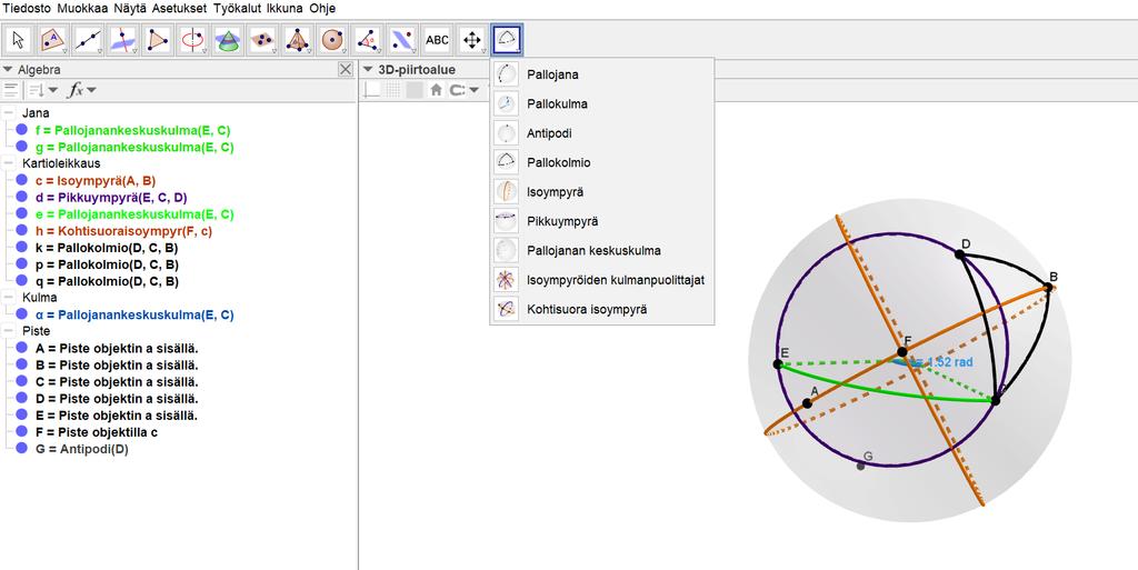 Kuva 5.1: GeoGebraan tekemäni työkalut. työkalun Antipodi. Listassa ensimmäisenä työkaluna näkyy (kuva 5.1) pallojana, jota ennen olin tehnyt Isoympyrä-työkalun.