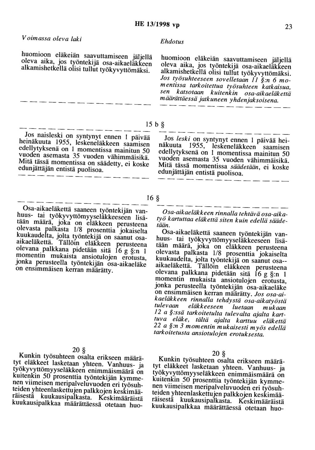 HE 13/1998 vp 23 huomioon eläkeiän saavuttamiseen jäljellä oleva aika, jos työntekijä osa-aikaeläkkeen aikaruishetkellä olisi tullut työkyvyttömäksi.