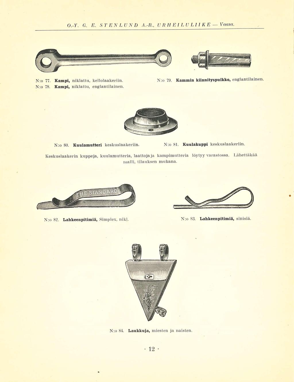 0.-Y. G. E. STENLUND A.-R., URHEILULIIKE Vaasa. N:o 77. N:o 78. Kampi, niklattu, kellolaakeriin. Kampi, niklattu, englantilainen. N:o 79. Kammin kiinnityspuikko, englantilainen N:o 80.