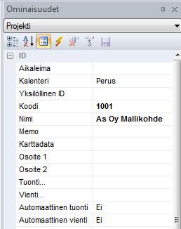 Projektin tiedot saa näkyviin välilehdeltä Työpöytä > Ominaisuudet > Projekti. Täältä avautuu Projekti-paneeli, jossa saa syötettyä projektin tiedot. Kuva.