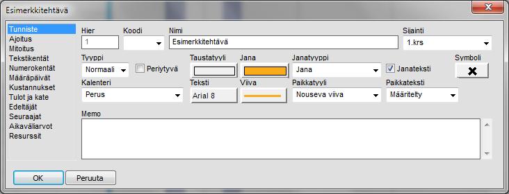 Kuva. Tehtävädialogissa näytetään tehtävän tärkeimmät tiedot 4.4 Tehtävien ajoittaminen Tehtäviä ajoitetaan antamalla tehtävälle ns. ohjaava päivämäärä tai lisäämällä riippuvuus tehtävien välille.