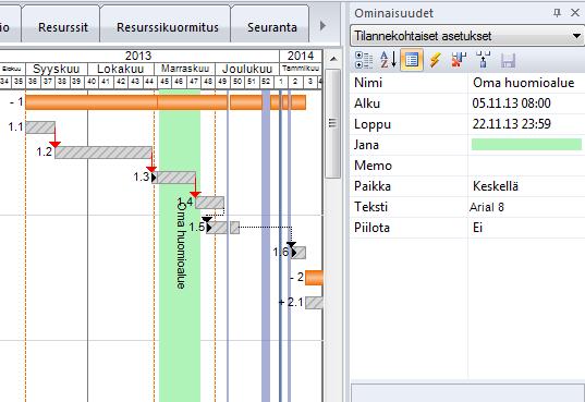 Kuva. Pystyalueen ominaisuudet Ominaisuudet-paneelin Tilannekohtaisissa asetuksissa. 8.7 Muistilaput Tehtäville voi lisätä muistilappuja janakaavio- ja paikka-aikakaavionäkymissä.