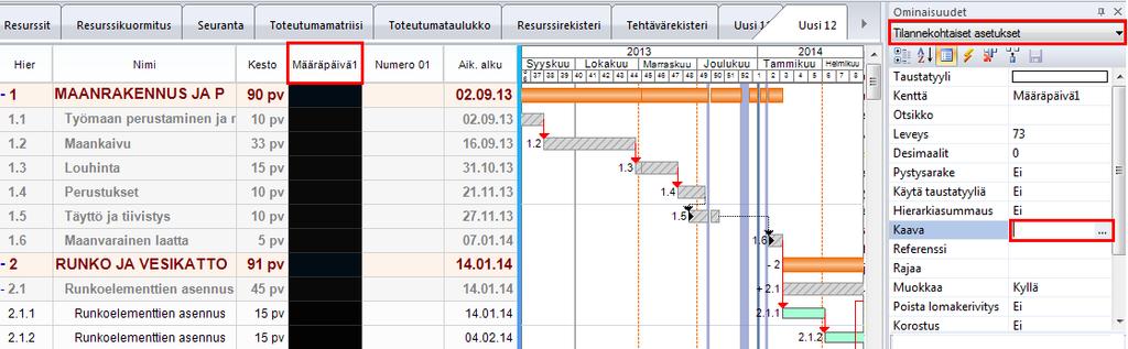 8.17 Kaavat Kentille voidaan lisätä kaavoja, joiden avulla voidaan mm. hakea tietoa muista kentistä. Lisää näkymään se sarake, jolle haluat määrittää kaavan.
