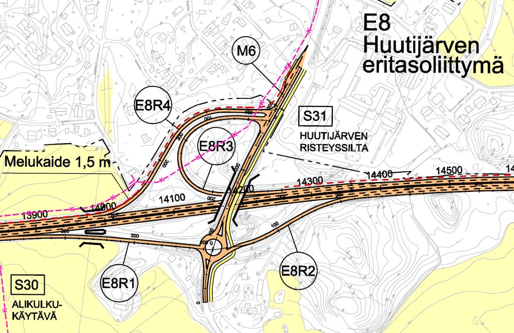 C13. E8 Huutijärven eritasoliittymä, M6, näkemät linja-autopysäkiltä Sivu 23 M6 Sahalahdentiellä oleva linja-autopysäkki sijaitsee Sahalahdentiessä olevan kaarteen jälkeen.