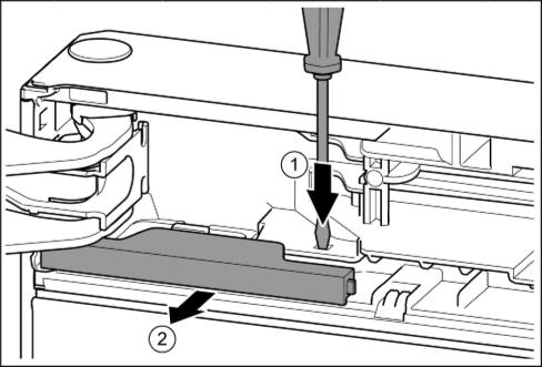Fig. 6 (3) Fig. 7 Puristumisvaara kokoon taittuvan nivelen vuoksi! u Lukitse varmistus paikoilleen. u Kiinnitä suojus aukkoon. Fig. 7 (1) u Työnnä tappi ulos ruuvimeisselillä. Fig. 7 (2) u Poista tappi ylöspäin vetämällä.