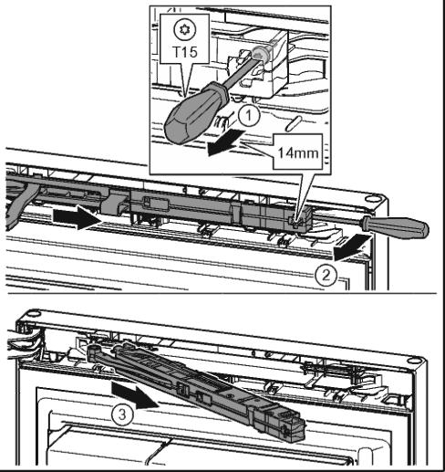 Fig. 9 (2) u Vedä sulkuvaimenninyksikkö ulos. Fig. 9 (3) 4.3.2 Oven irrottaminen Laitteille, joissa ei ole sulkeutumisvaimenninta:* Fig. 8 u Paina kielekettä uraruuvimeisselillä. Fig. 8 (1) u Vedä suojus irti kannakkeista.