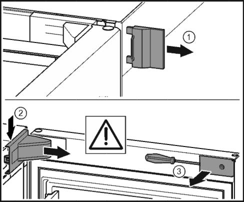 u Älä vahingoita oventiivistettä ruuvitaltalla! u Poista ulompi suojus. Fig. 10 (1)* u Vapauta laakerinkannattimen suojus lukituksesta ja irrota se. Poista laakerinkannattimen suojus. Fig. 10 (2)* u Avaa suojalevyn ruuvit uraruuvimeisselillä ja käännä suojalevy sivuun.