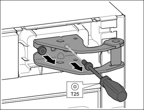 Käyttöönotto Fig. 12 u Kierrä T25-ruuvimeisselillä molemmat ruuvit irti. u Nosta laakerinkannatinta ja irrota se. Fig. 11 Loukkaantumisvaara oven irrotessa! u Pidä ovesta tukevasti kiinni.