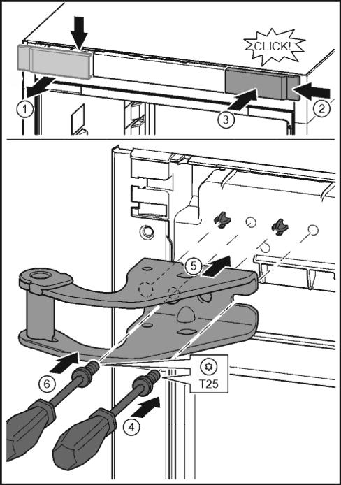 Aseta toiselta puolelta paikoilleen ja anna lukittua. Fig. 11 (4) u Nosta ovi pois paikaltaan ja aseta se sivuun. u Nosta pulttia varovasti uraruuvimeisselillä ja vedä se ulos. Fig. 11 (5) 4.3.