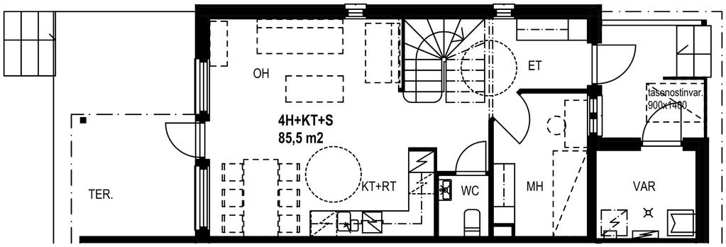 Pohjakuva 1.krs A1, B1 85,5 m² 4H + KT + S Maantasolla olevasta 1.