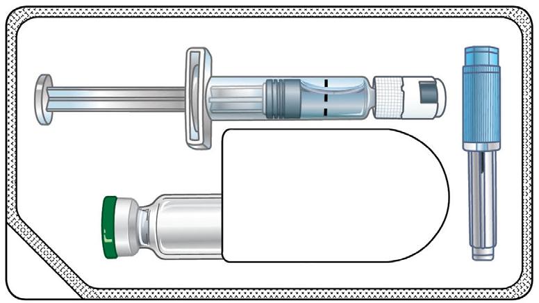 Osien kuvaus Kerta-annospakkaus Ruisku Neulat (2) Injektiopullo Injektiopullon liitin (vial connector) Mitä pakkaus sisältää Ottaaksesi oikean lääkeannoksen lue jokainen kohta ja tee kaikki kohdat