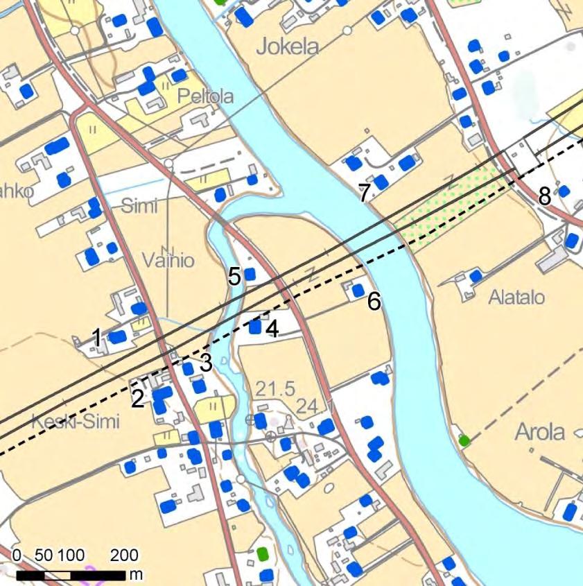 9 Lähimmät asunnot Tyngän kylän ja Kalajoen ylityksen kohdalla Kummalla puolella sähkölinjaa etäisyys 1 Vakituinen länsi 83 m 2 Vakituinen itä 32 m 3 Vakituinen itä 13 m 4 Vakituinen itä 2 m 5