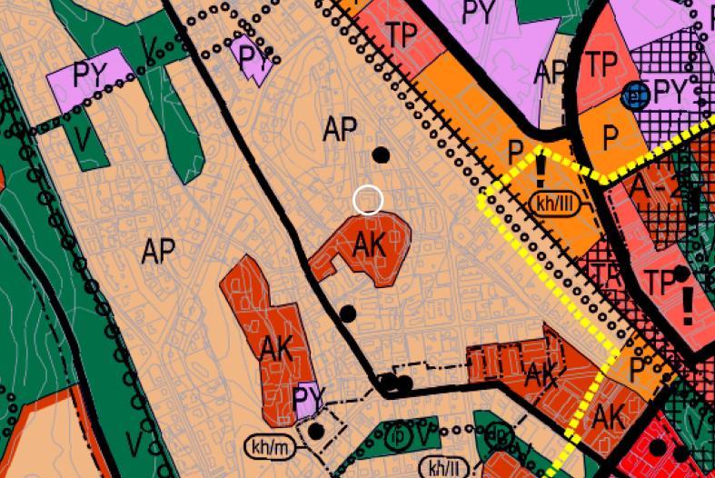 Ote Järvenpään yleiskaavasta 2020 (kv 9.8.2004 64). Suunnittelualueen likimääräinen sijainti valkoisella ynpyröitynä.