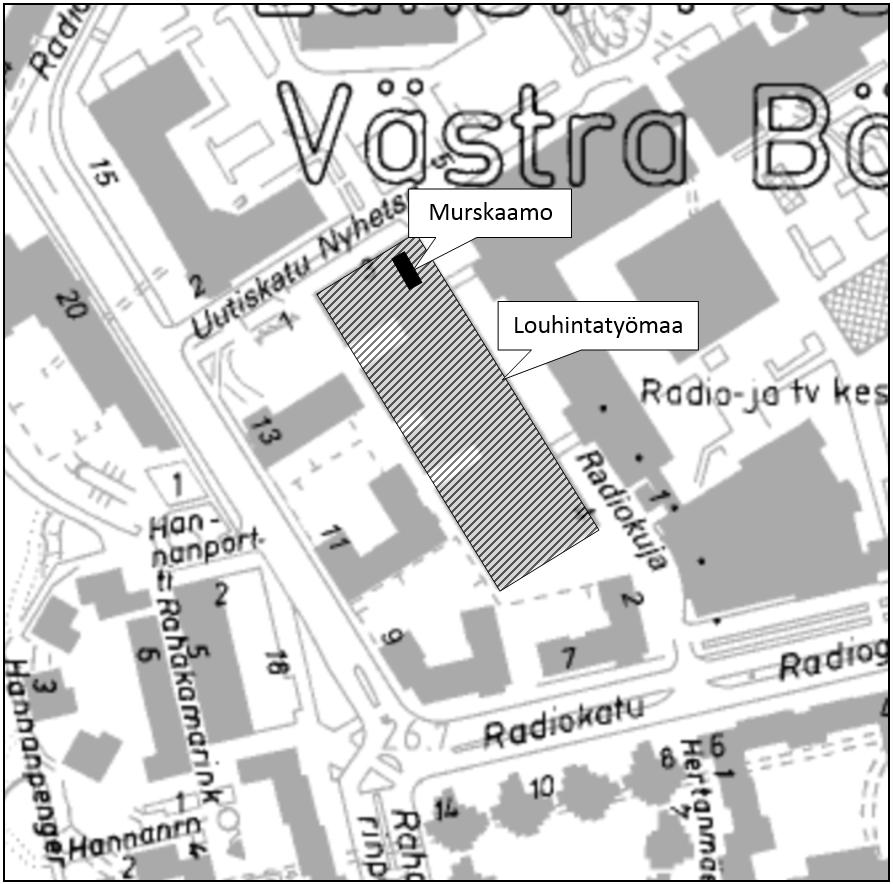 Helsingin kaupunki Pöytäkirja 2 (13) /Radiokuja (sijaintikartta alla). Louhinnan kesto on noin 55 työvuoroa ja murskauksen noin 10 työvuoroa. Työtä ei tehdä yleisinä juhlapäivinä.