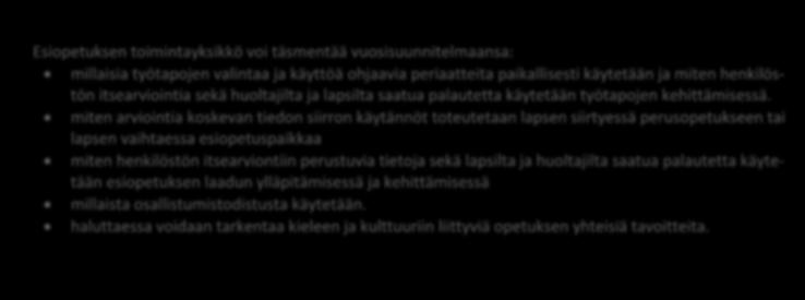 64 Esiopetuksen toimintayksikkö voi täsmentää vuosisuunnitelmaansa: millaisia työtapojen valintaa ja käyttöä ohjaavia periaatteita paikallisesti käytetään ja miten henkilöstön itsearviointia sekä