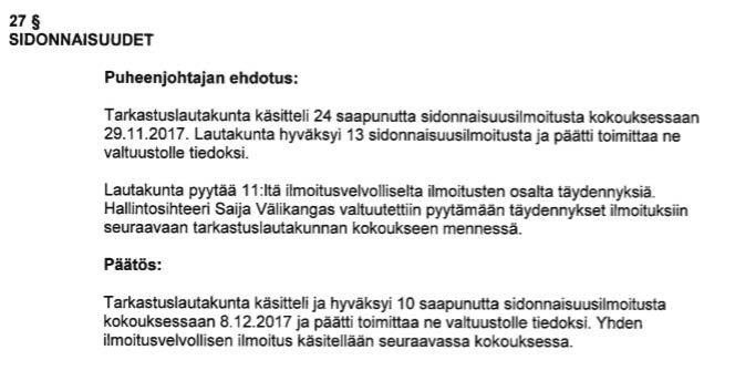 Valtuusto 18.04.2018/1 35 13 SIDONNAISUUDET Valt. 18.4.2018 Tarkastuslautakunnan ehdotus Valtuusto saa tiedoksi tarkastuslautakunnan hyväksymät sidonnaisuusilmoitukset.