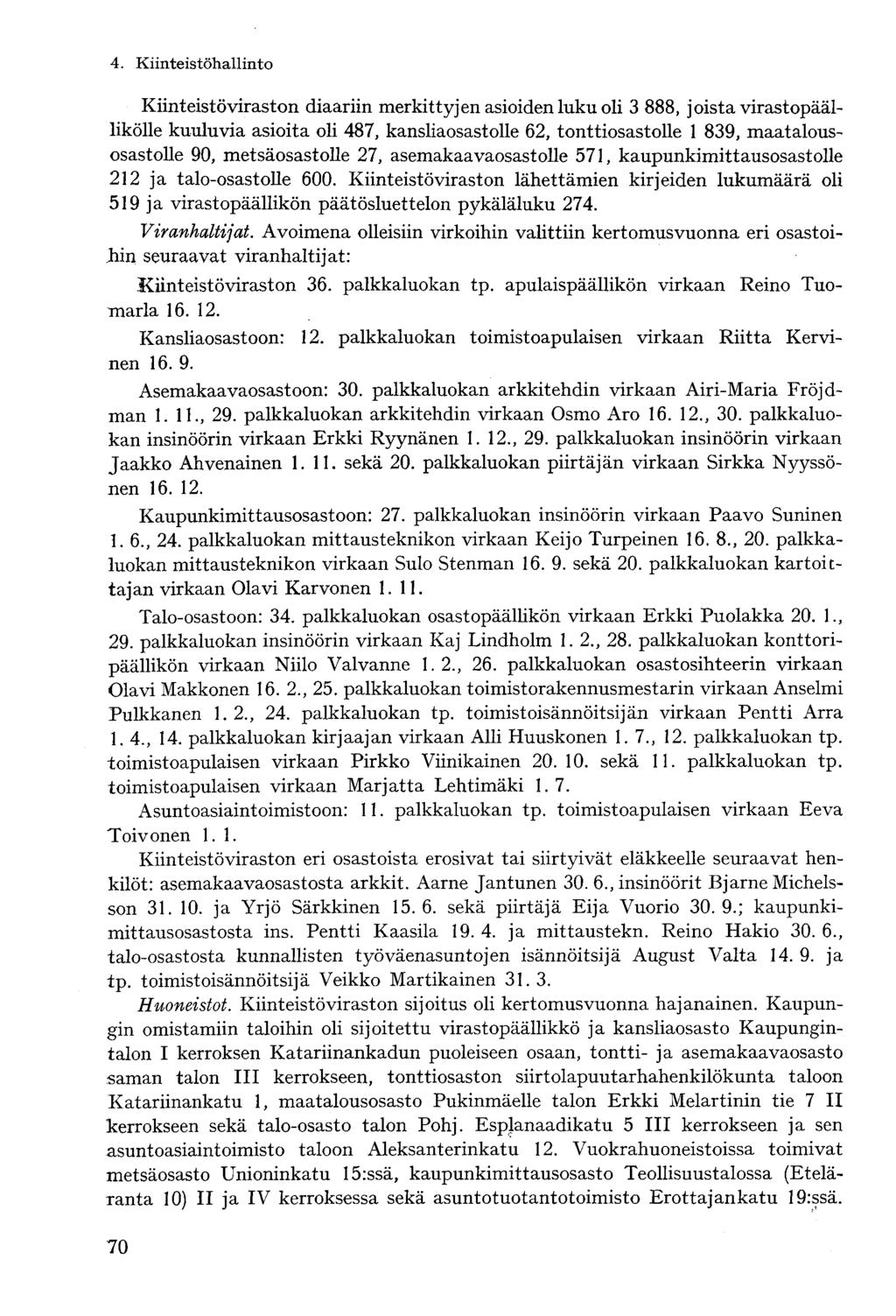 Kiinteistöviraston diaariin merkittyjen asioiden luku oli 3 888, joista virastopäällikölle kuuluvia asioita oli 487, kansliaosastolle 62, tonttiosastolle 1 839, maatalousosastolle 90, metsäosastolle