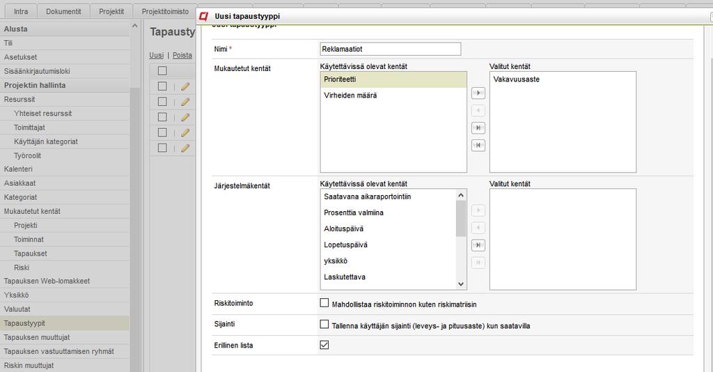 Näytä tapaustyypit erillisenä listana On mahdollista erotella eri tapaustyypit omille välilehdilleen projekteissa.
