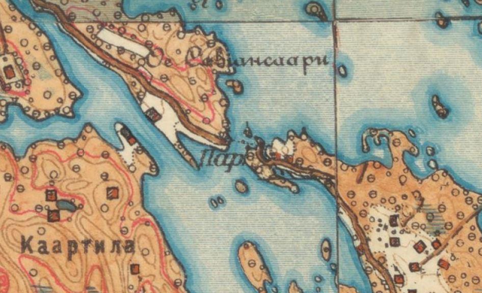 Kartta 7. Karttaote Vekaransalmen ympäristöstä vuoden 1915 senaatin kartastosta. Ruokoniemen rantaan johtava tie kulkee pohjoisempaa kuin nykyään.