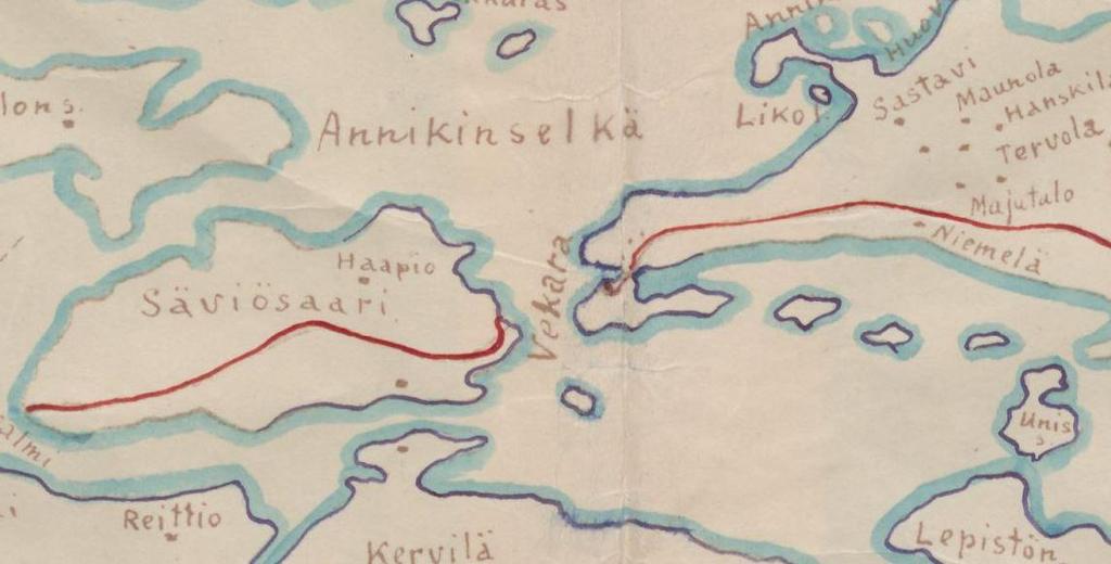 Kartta 8. Karttaote vuodelta 1919-1923 Vekaransalmeen johtavien teiden sijainnista. Tiet näyttävät kulkevan edelleen rantaan nykyistä pohjoisempana erityisesti itärannalla.