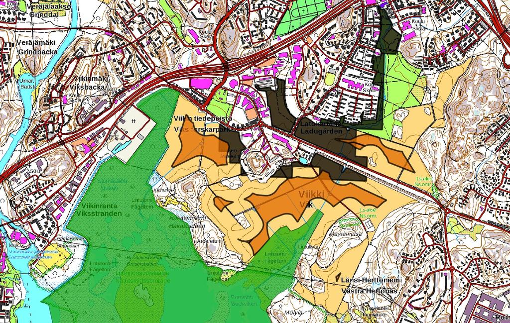d) Nykytilanne Viikissä sellaisen pellon osalta, joka sijaitsee vähintään 100 metrin etäisyydellä rakennetusta tai puustoisesta pellonreunasta.