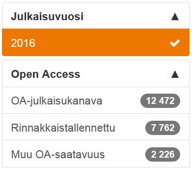 Open access -tiedot OKM:n tiedonkeruussa OA-tietojen keruussa käytettyjä määritelmiä ja kategorioita uudistettiin vuodesta 2016 alkaen Kaksi erillistä kenttää julkaisun OAstatuksen raportointiin