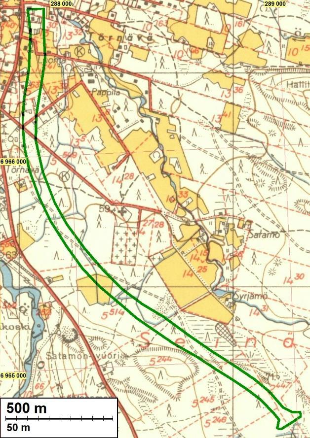 6 Ote vuoden 1953 peruskartasta (2222 08). Pohjoisempi inventointialue on rajattu vihreällä viivalla.