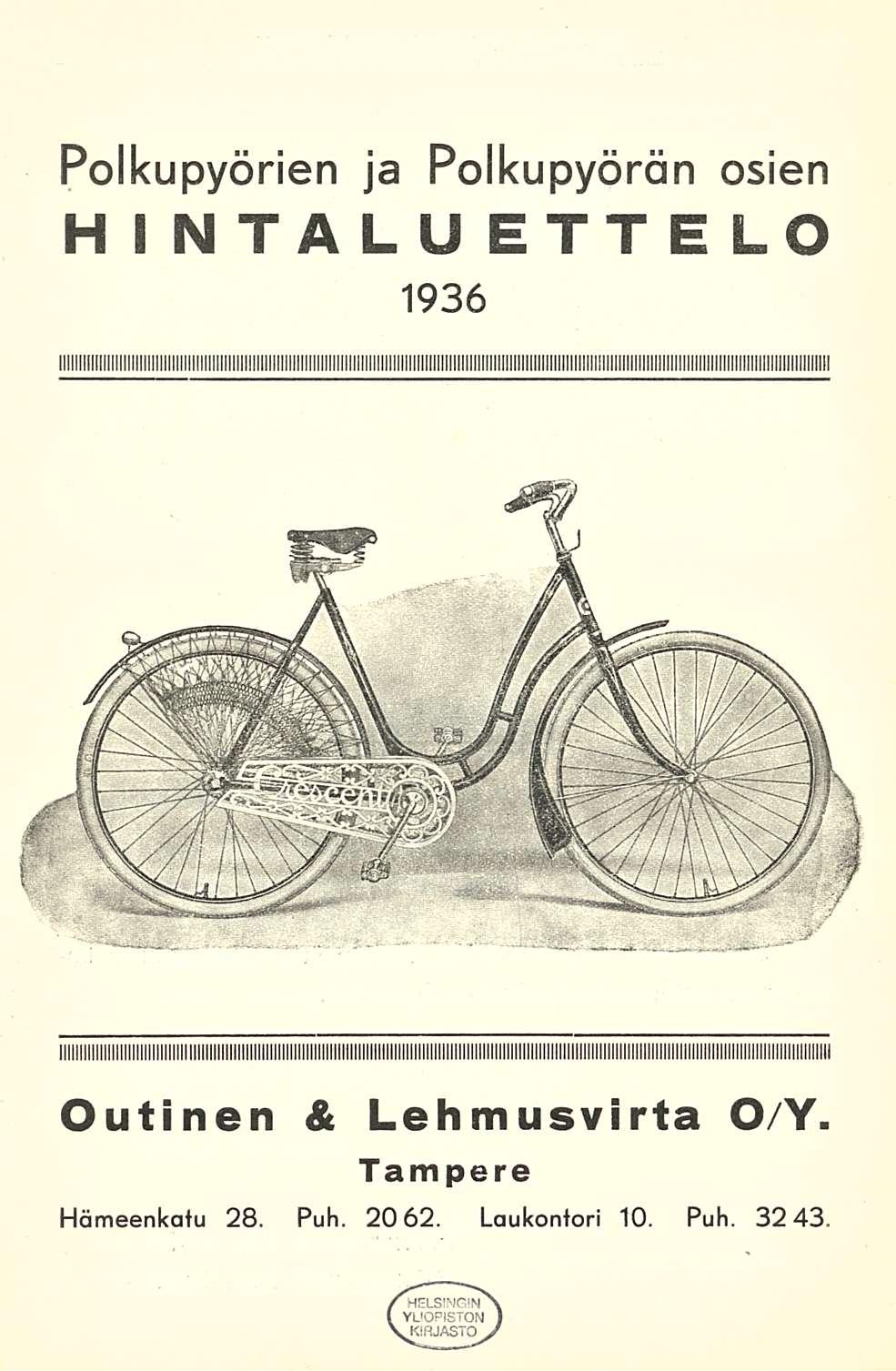Polkupyörien ja polkupyörän osien hintalueţelo 1936 Outinen &