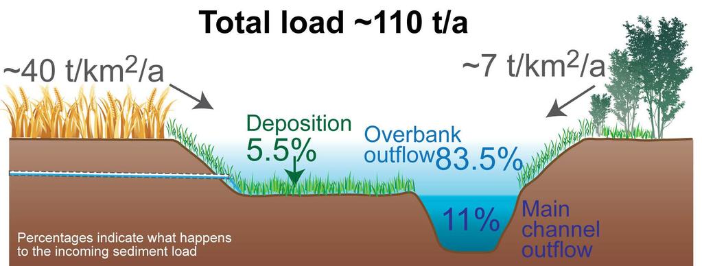 Tulvatasanne pidättää kiintoainetta: ainetase Ritobäckenin 190 m pitkällä uomajaksolla Kokonaiskuorma ~110 t/a Kasautuminen Tulvatasannevirtaamat 83.