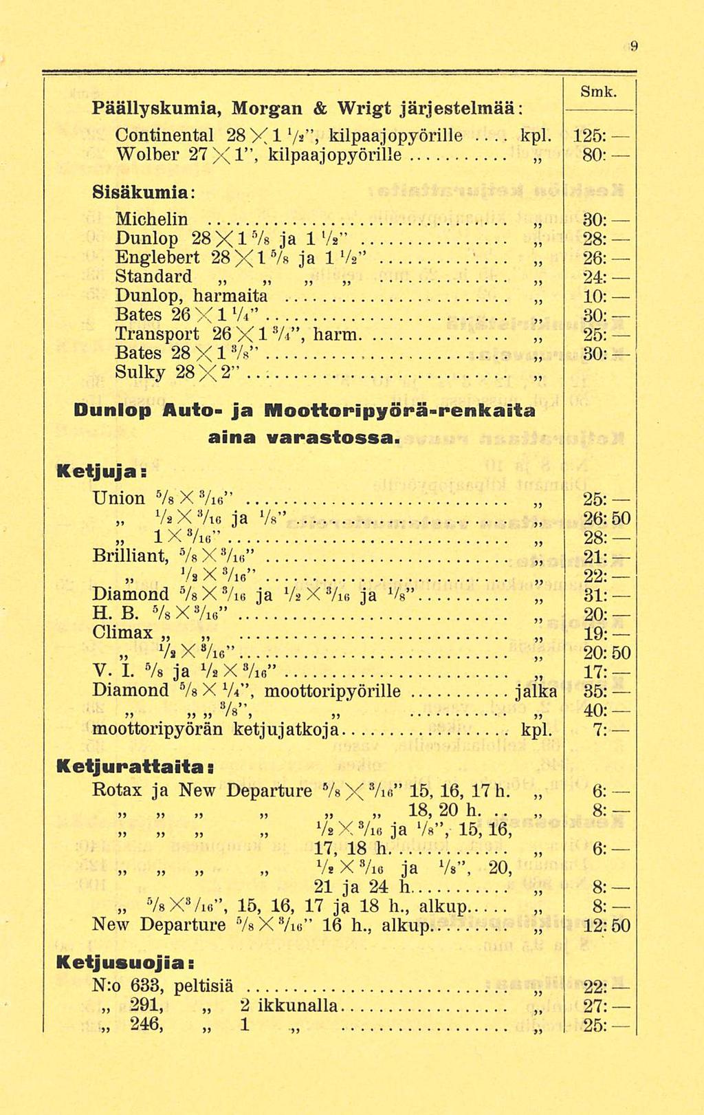 kpl. Smk. Päällyskumia, Morgan & Wrigt järjestelmää: Continental 28Xl 1... /*» kilpaajopyörille 125: Wolber 27 X 1.