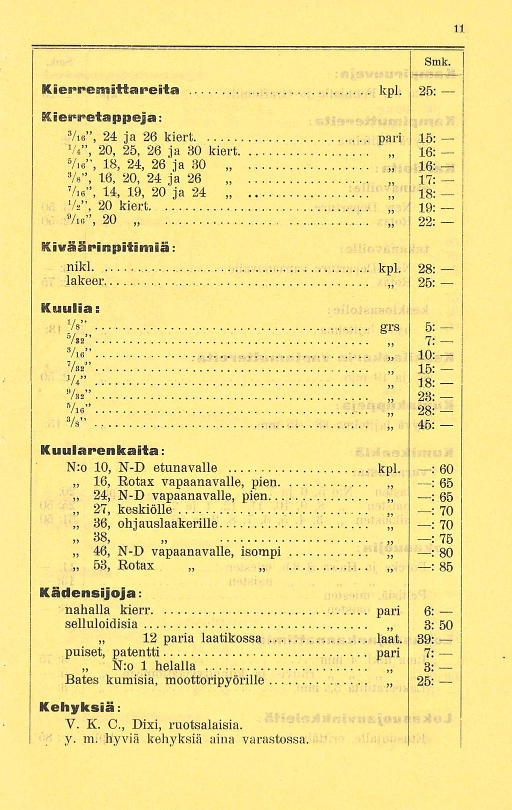 Kierpemittareita kpl. 25: Ki e etappeja: Vie, 24 ja 26 kiert pari 15: kv, 20, 25, 26 ja 30 kiert 5 16: /.e, 18, 24, 26 ja 30 Stnk.