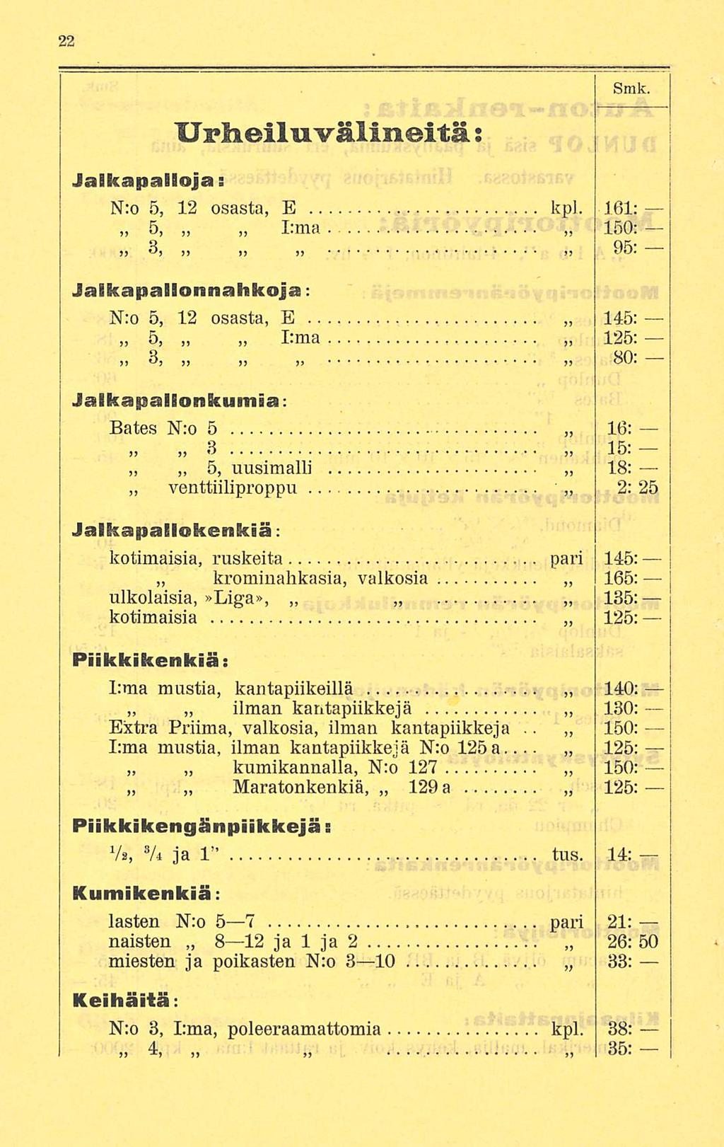 Smk. JaSkapalßoja: Urheiluvälineitä s N:o 5, 12 5, osasta, E I:ma kpl. 161: 150: >» 3,»s jj»j 95.» Jaikapallonnahkoja; N:o 5, 12 osasta, E 5, 9, ~ I:ma 145: 125: ~ ~ ~ 80.