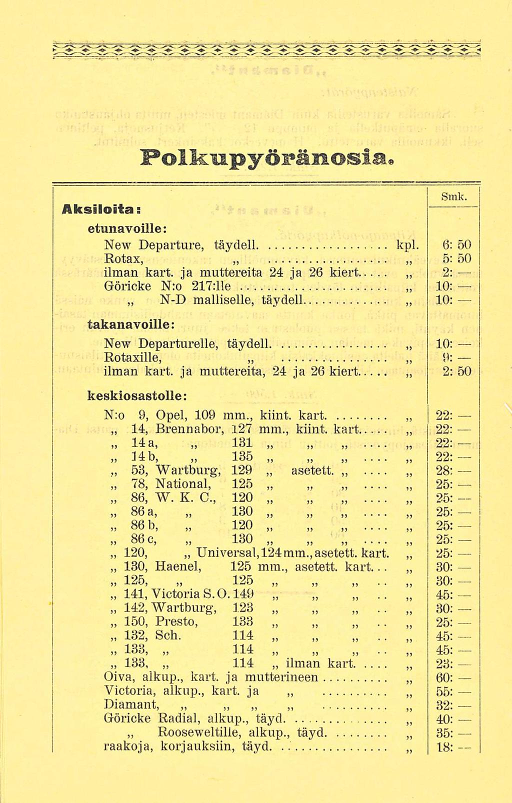 .. Polkupyöpänosia. Smk. Aksiloita: etunavoille: New Departure, täydell kpl. 6; 50 Rotax, 5: 50 ilman kart.