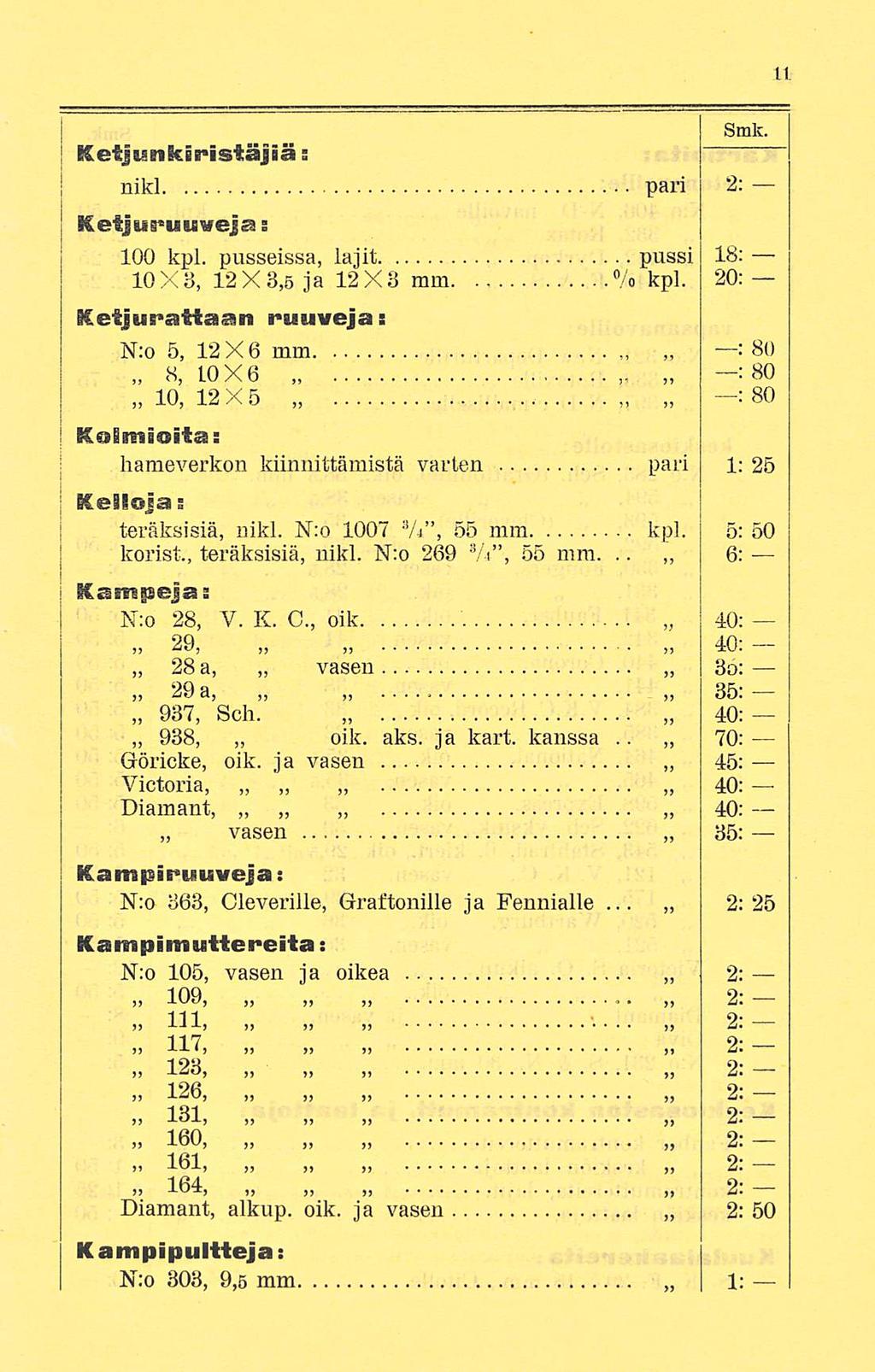 Smk. Ketjiinkiristäjiä: nikl pari 2: Ketjuruuveja s 100 kpl. pusseissa, lajit pussi 18; 10X3, 12X3,5 ja 12X3 mm % kpl.